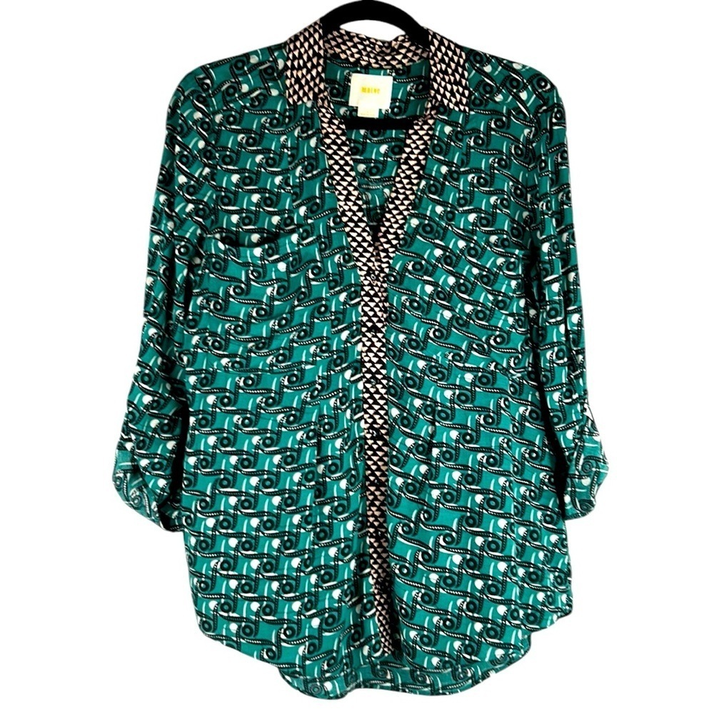 Maeve Green & Black Geometric Print V-Neck Button Down High Low Top Size 4